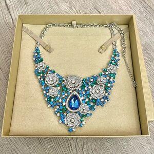 Statement Costume Jewelry Necklace - Blue/Green/Clear/Silver Crystals - Flowers